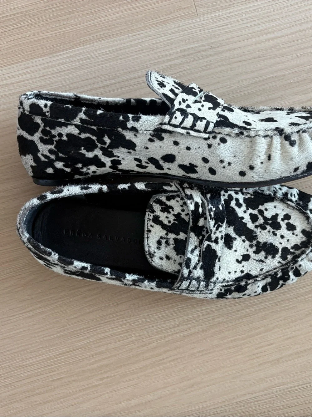 Freda Salvador Black & White Cow Haircalf Penny Loafers